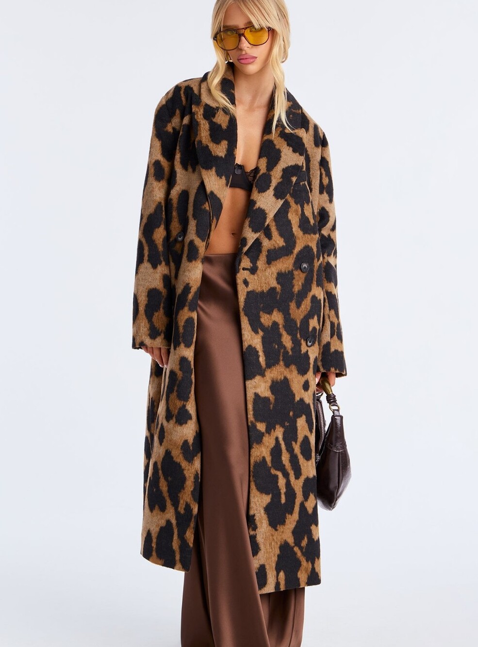 Leopard Print Long Women's Coat - Brown/Black - Picture 2 of 5